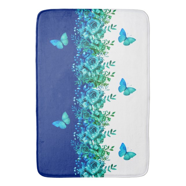 Tapis de bain papillon botanique bleu (devant Vertical)