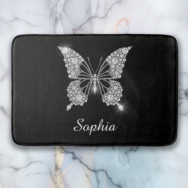 Tapis De Bain Papillon Diamant Blanc, Nom de Script, Noir (Créateur téléchargé)