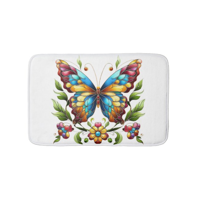 Tapis De Bain Papillon en vitrail coloré avec fleurs (Devant)