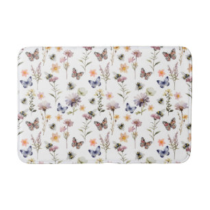 Tapis De Bain Papillon et abeille de fleur sauvage aquarelle pou