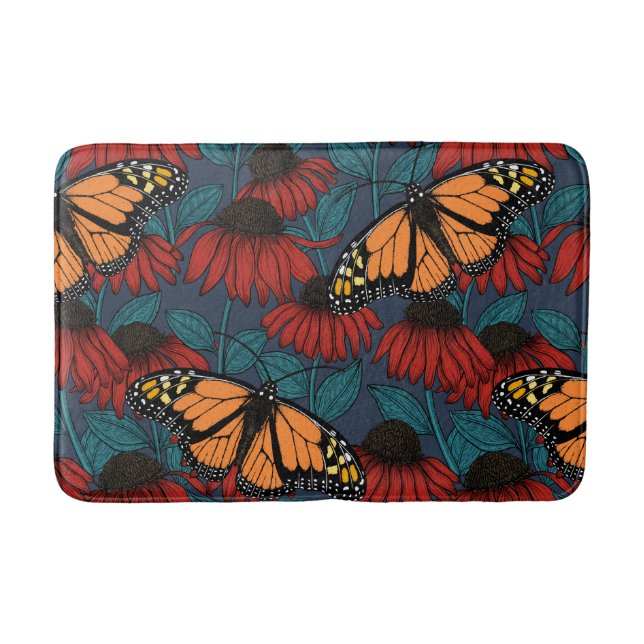 Tapis De Bain Papillon monarque sur des fleurs rouges (Devant)