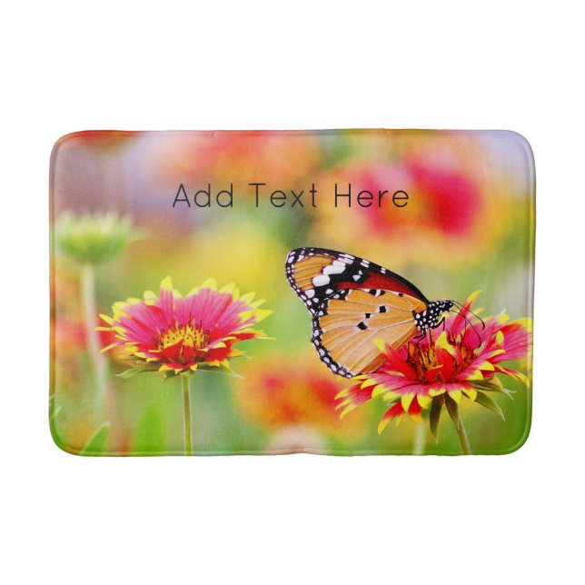 Tapis De Bain Papillon monarque sur Fleur rouge et jaune (Devant)
