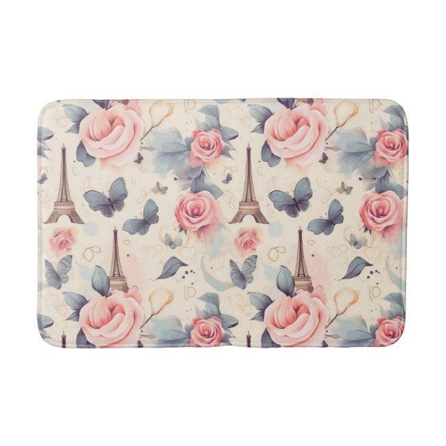 Tapis De Bain Papillon Tour Eiffel et Motif Rose (Devant)