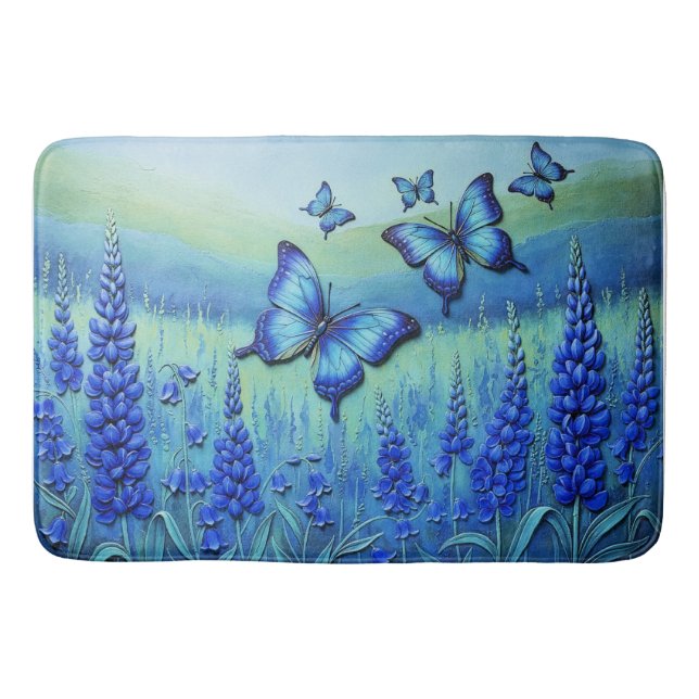 Tapis De Bain Papillons Bleus avec des Fleurs Bleues, (Devant)