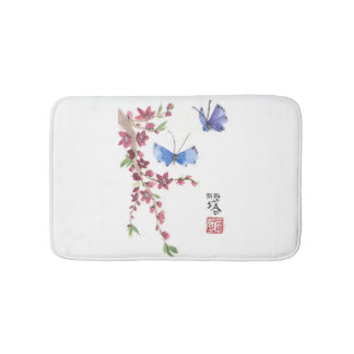 Tapis De Bain papillons bleus et fleurs roses