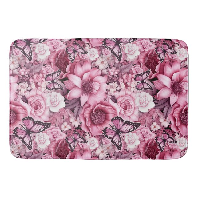 Tapis De Bain Papillons et Fleurs dans des tons roses variés (Devant)