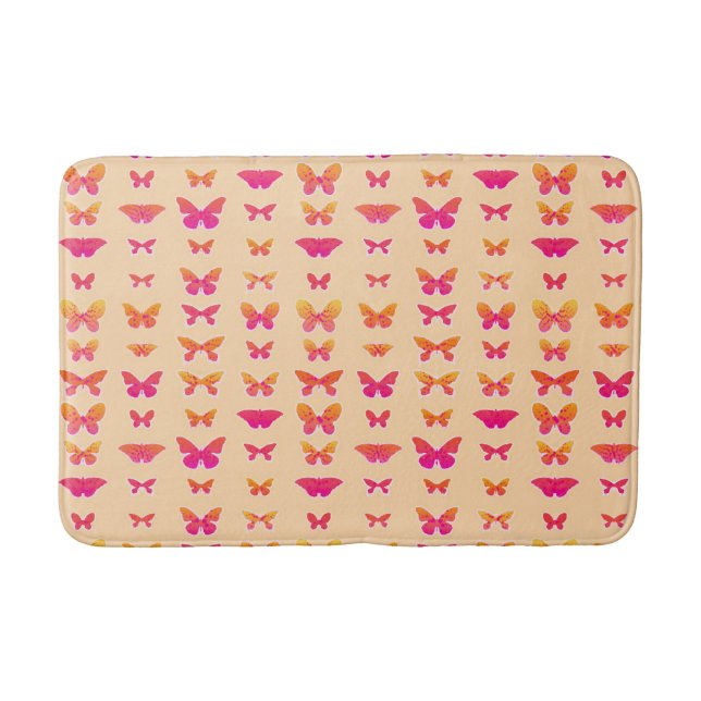 Tapis De Bain Papillons, orange tendre, rose corail, or (Devant)