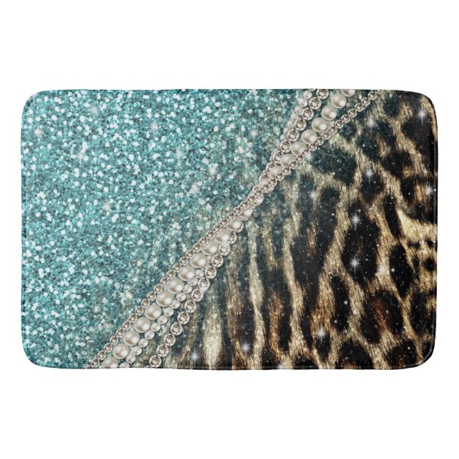 Tapis De Bain Parties scintillant Bleu Empreinte de léopard chic (Devant)