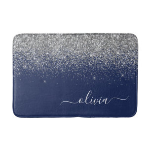 Tapis De Bain Parties scintillant bleue Silver Navy Girl Monogra