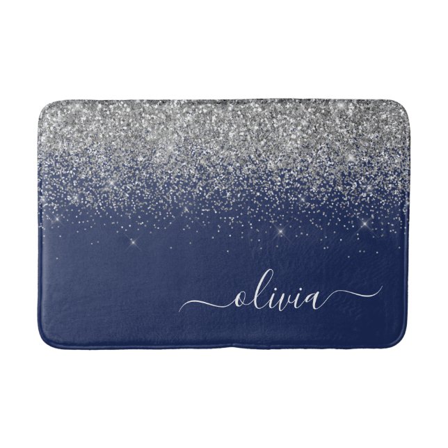 Tapis De Bain Parties scintillant bleue Silver Navy Girl Monogra (Devant)