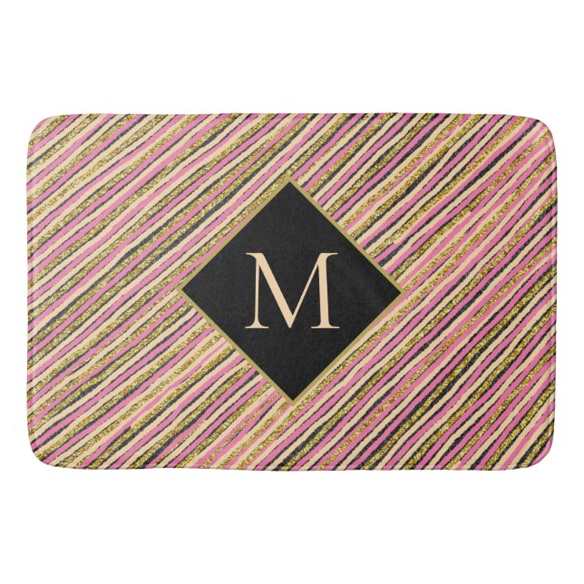 Tapis De Bain Parties scintillant d'or moderne bandes de monogra (Devant)