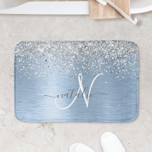 Tapis De Bain Parties scintillant en argent brossé bleu Nom du m