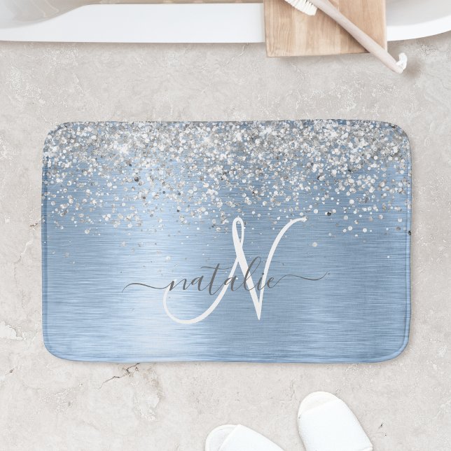 Tapis De Bain Parties scintillant en argent brossé bleu Nom du m (Créateur téléchargé)