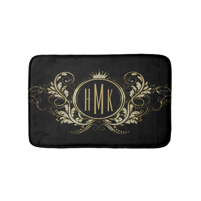 Tapis De Bain Parties scintillant Noire Et Or Fille Cadre Floral (Devant)