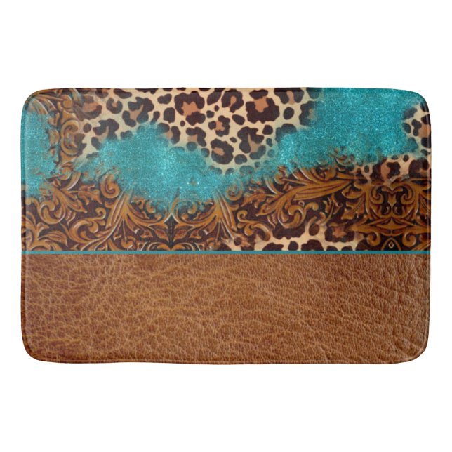Tapis De Bain Parties scintillant Turquoise Occidentale Léopard  (Devant)