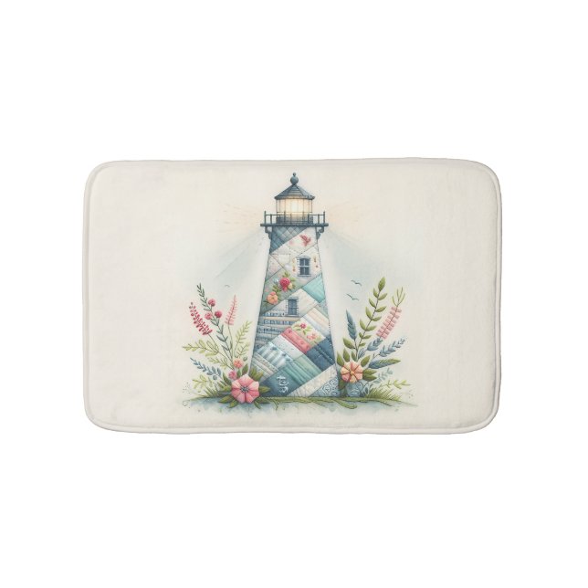 Tapis De Bain Patchwork Lighthouse Coastal Floral Scene (Devant)