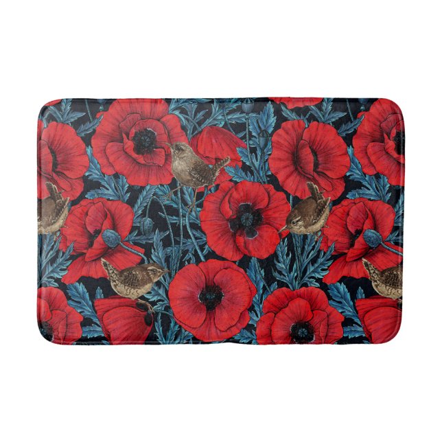 Tapis De Bain Pavot rouge et brunes, feuilles bleus sur noir (Devant)