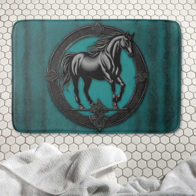 Tapis De Bain Pays de l'Ouest équestre Turquoise Cheval noir (Western Country Equestrian Teal Black Horse Bath Mat)