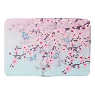 Tapis De Bain Paysage de fleurs de cerisier Rose Ciel Bleu