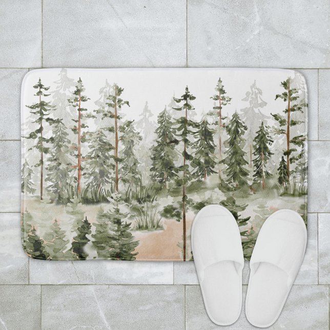 Tapis De Bain Paysage forestier vert aquarelle (In situ bathroom floor)
