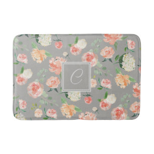 Tapis De Bain Peach et Taupe Floral avec Monogramme