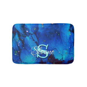 Tapis De Bain Peinture à l'encre d'alcool sous-marine bleu profo