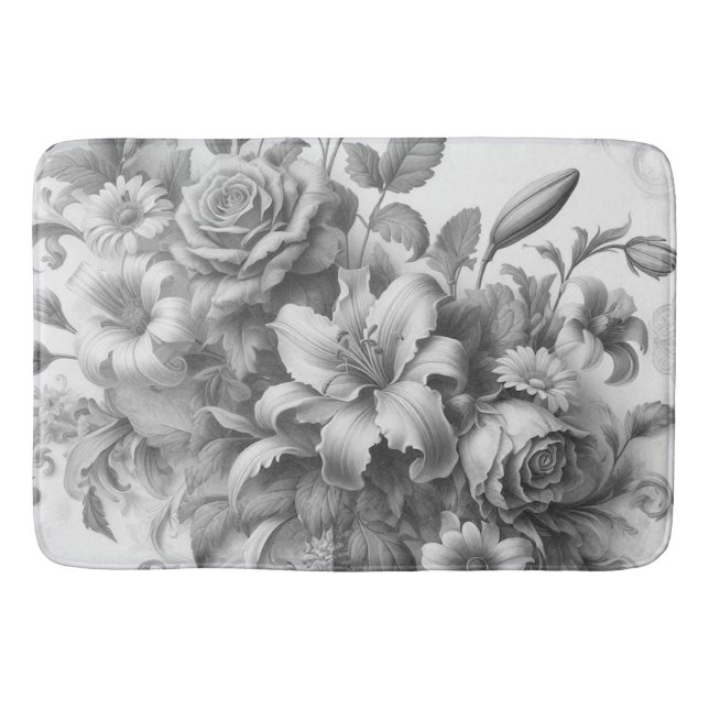 Tapis De Bain Perfection florale noire et blanche (Devant)