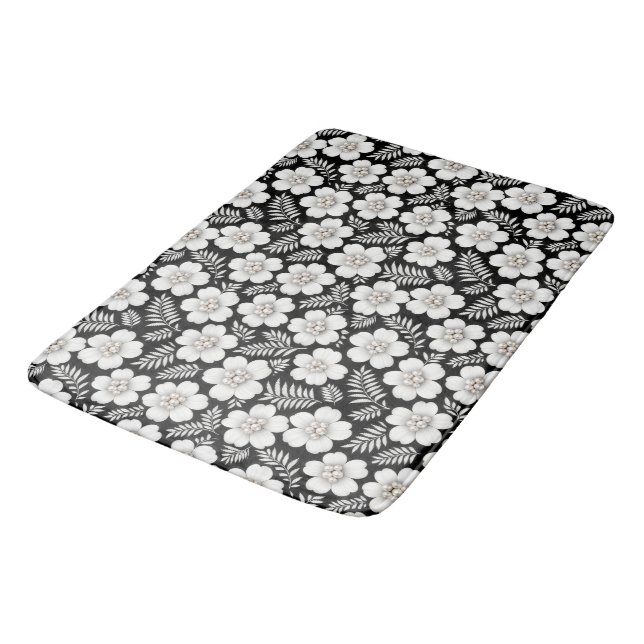 Tapis De Bain Perles blanches dans des fleurs sur fond noir (Angle)