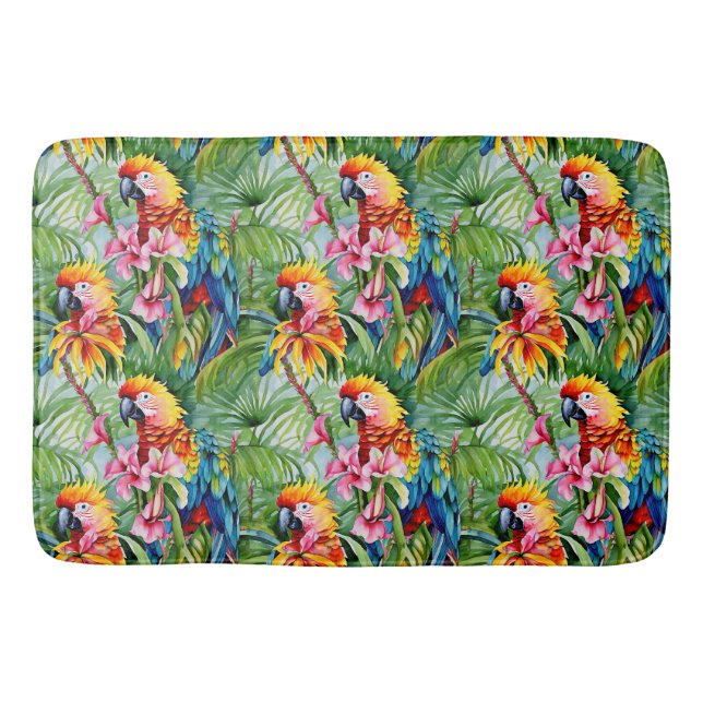 Tapis De Bain Perroquets de couleurs vives et fleurs tropicales (Devant)