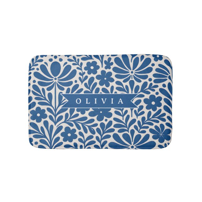 Tapis De Bain Personalized Blue Folk Floral Nordic Custom (Devant)