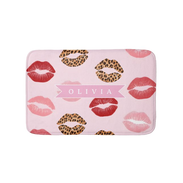 Tapis De Bain Personalized Chic Pink Leopart Print Lip Pattern (Devant)