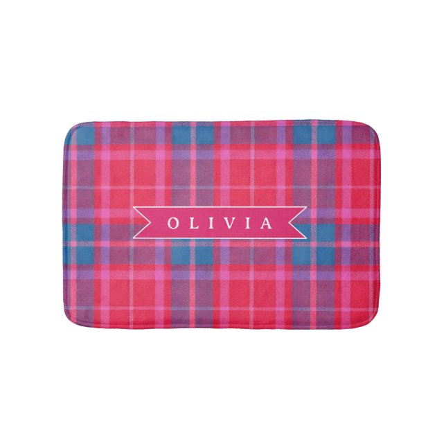 Tapis De Bain Personalized Custom Pink Fuchsia Plaid Preppy  (Devant)