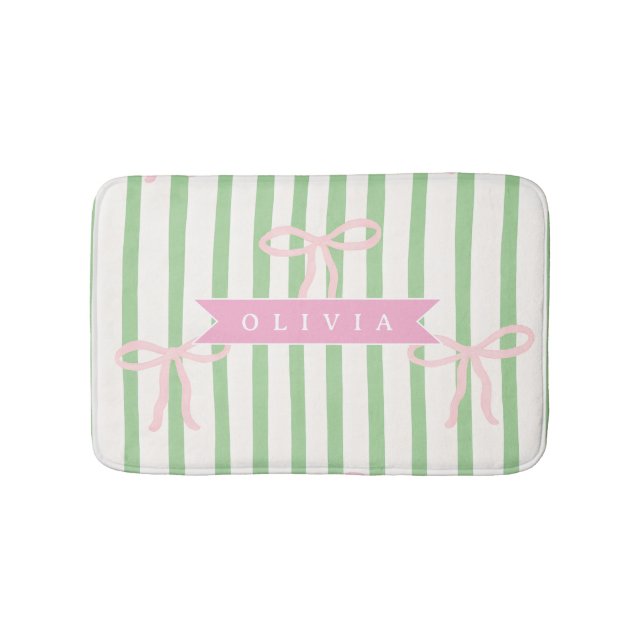 Tapis De Bain Personalized Girly Coquette Green Stripe Bow (Devant)