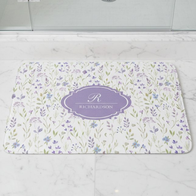 Tapis De Bain Personalized Purple Floral Monogram (purple blue wildflower floral bathmat with custom monogram initial and family name)