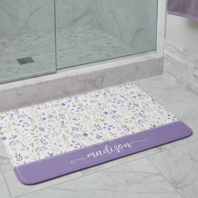 Tapis De Bain Personalized Purple Wildflower Monogram (personalized purple floral pattern wildflower bathmat with custom monogram name)
