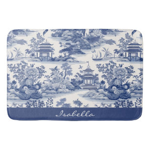 Tapis De Bain Personnalisé Chinoiserie Motif Pagode Bleu Blanc