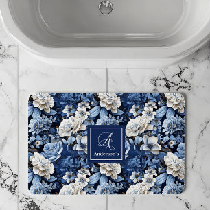 Tapis de Bain Personnalisé Fleurs Blanches Bleues
