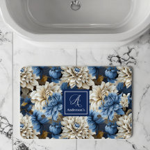 Tapis de Bain Personnalisé Fleurs Blanches Bleues 