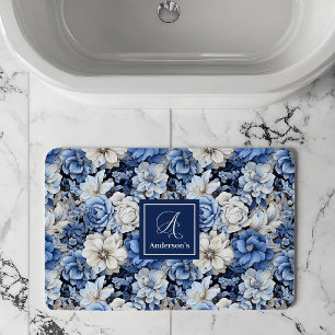 Tapis de Bain Personnalisé Fleurs Bleu Marine Élég