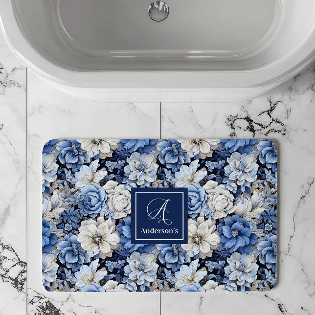 Tapis de Bain Personnalisé Fleurs Bleu Marine Élég (Chic Navy Blue Flowers Custom Name Bath Mat)