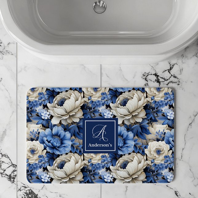 Tapis de Bain Personnalisé Fleurs d'Ivoire Bleu Lu (Luxury Blue Ivory Flowers Personalized Bath Mat)