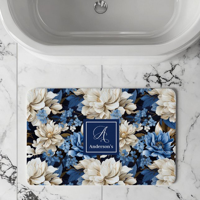 Tapis de Bain Personnalisé Fleurs d'Ivoire Bleu Te (Trendy Blue Ivory Flowers Personalized Bath Mat)