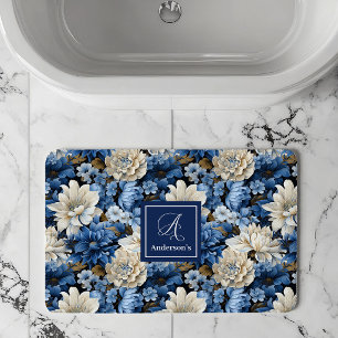 Tapis de Bain Personnalisé Fleurs Ivoire Bleu Glam