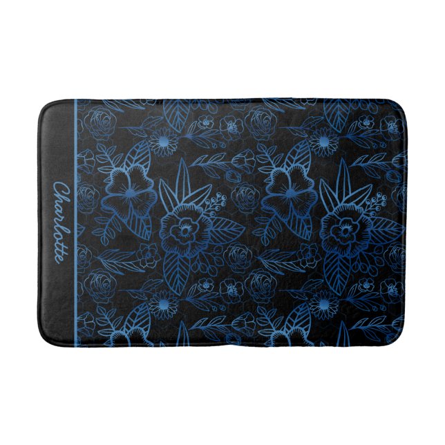 Tapis De Bain Personnalisé floral continu motif bleu noir (Devant)