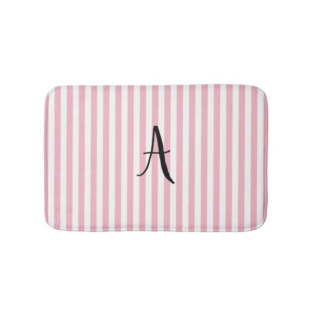 Tapis de bain personnalisé rose et blanc rayé (Devant)