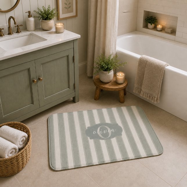 Tapis De Bain Personnalisé Rustique Vert Sauge Rayé (Créateur téléchargé)