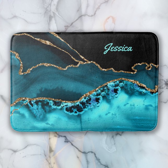 Tapis De Bain Personnaliser le script Turquoise de nom sur la gr (Créateur téléchargé)