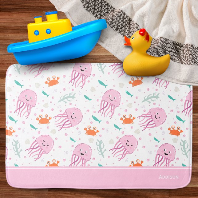 Tapis De Bain Petites filles Pink Ocean Jellyfish and Crab Motif (Créateur téléchargé)