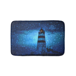 Tapis De Bain Phare océanique une nuit bleu foncé avec des goutt