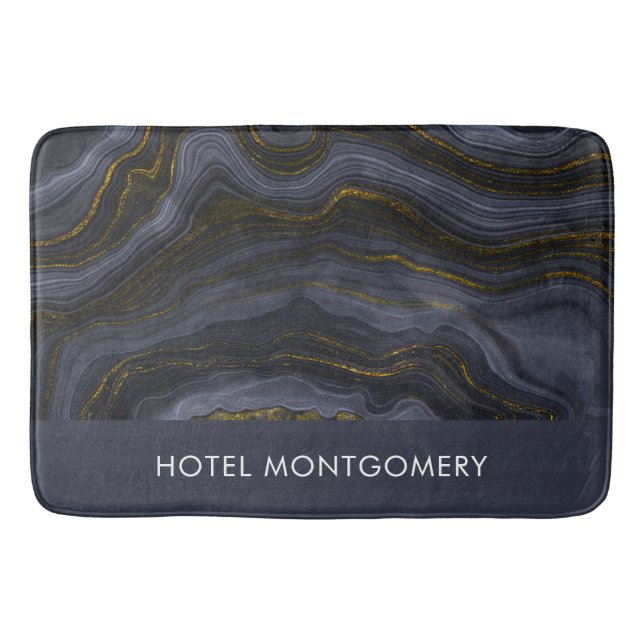 Tapis De Bain Pierre d'Agate Noir & Or moderne Abstrait (Devant)